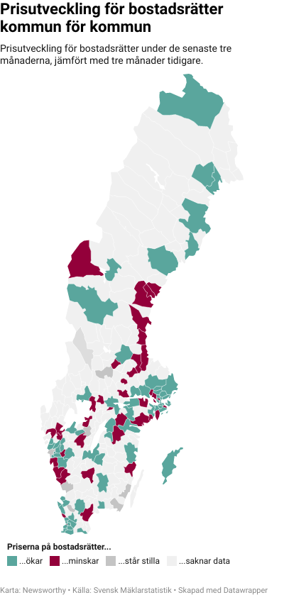 Karta: Prisutveckling för bostadsrätter kommun för kommun