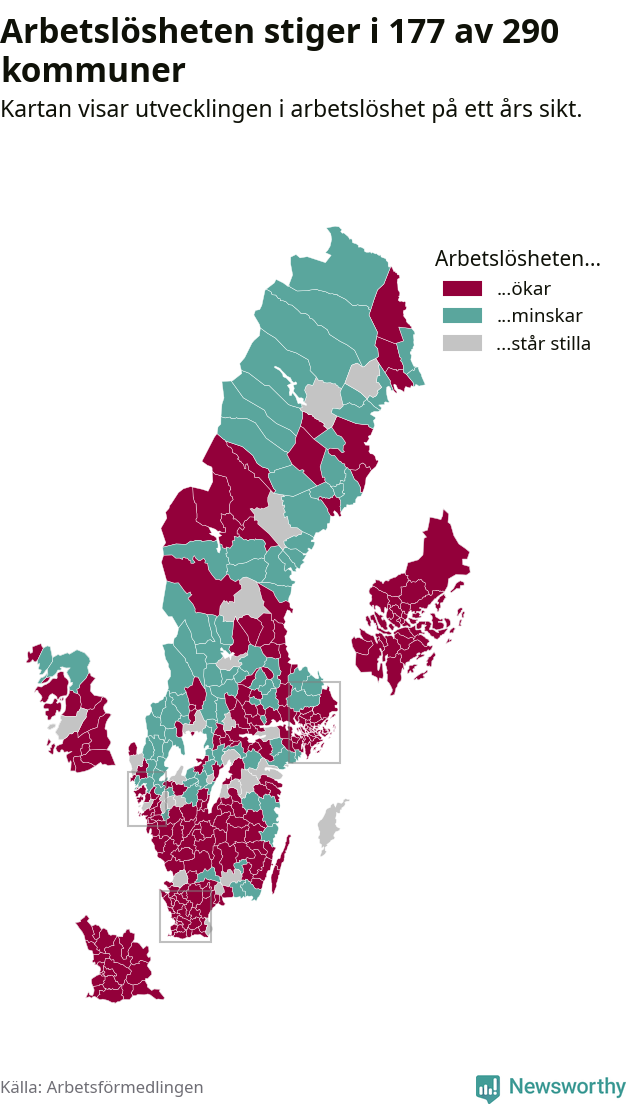Karta: Arbetslöshetsutveckling kommun för kommun