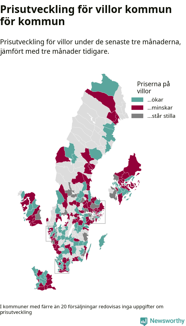 Karta som visar var i landet priserna på villor ökar respektive minskar