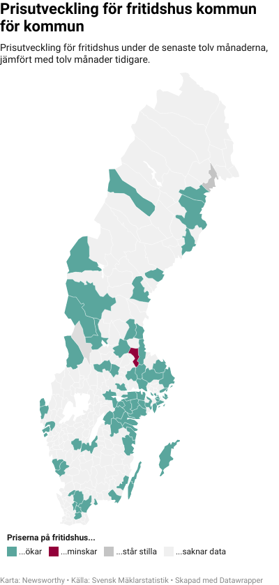 Karta: Prisutveckling för fritidshus kommun för kommun