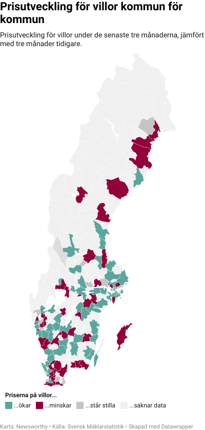 Karta: Prisutveckling för villor kommun för kommun