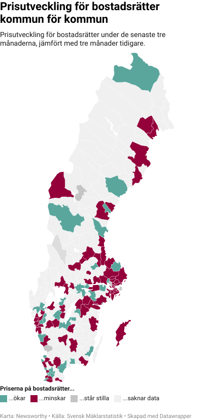 Karta: Prisutveckling för bostadsrätter kommun för kommun