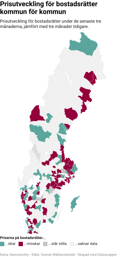 Karta: Prisutveckling för bostadsrätter kommun för kommun