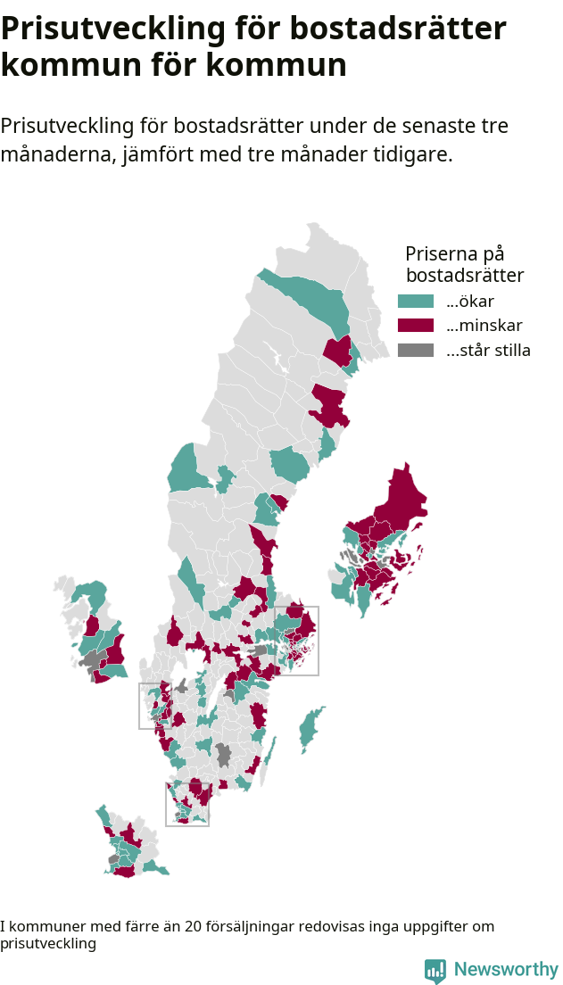 Karta som visar var i landet priserna på bostadsrätter ökar respektive minskar