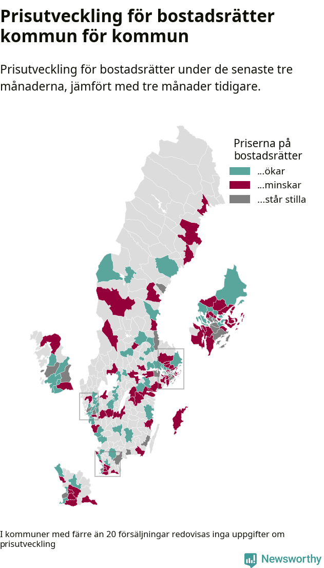 Karta som visar var i landet priserna på bostadsrätter ökar respektive minskar