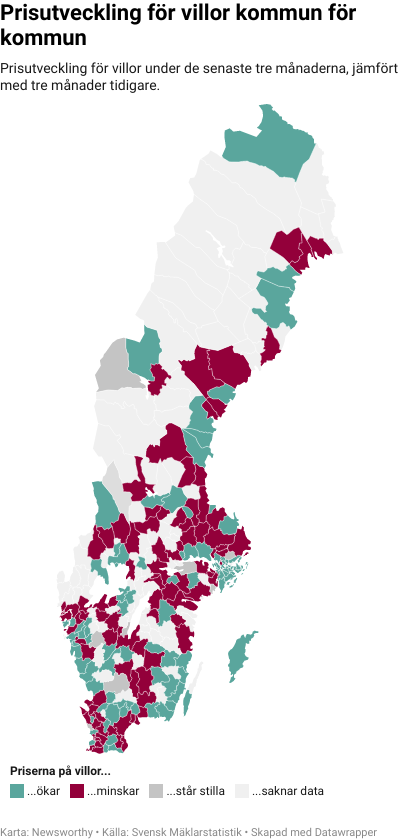 Karta: Prisutveckling för villor kommun för kommun