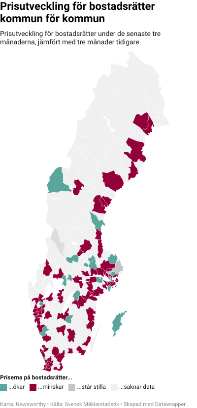Karta: Prisutveckling för bostadsrätter kommun för kommun