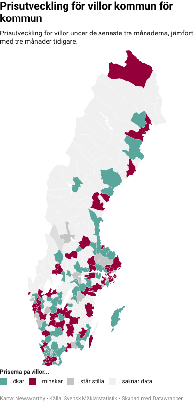 Karta: Prisutveckling för villor kommun för kommun