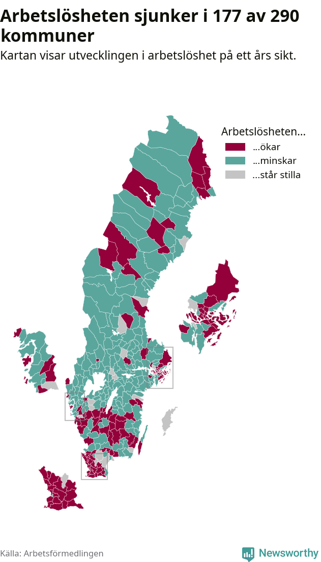 Karta: Arbetslöshetsutveckling kommun för kommun