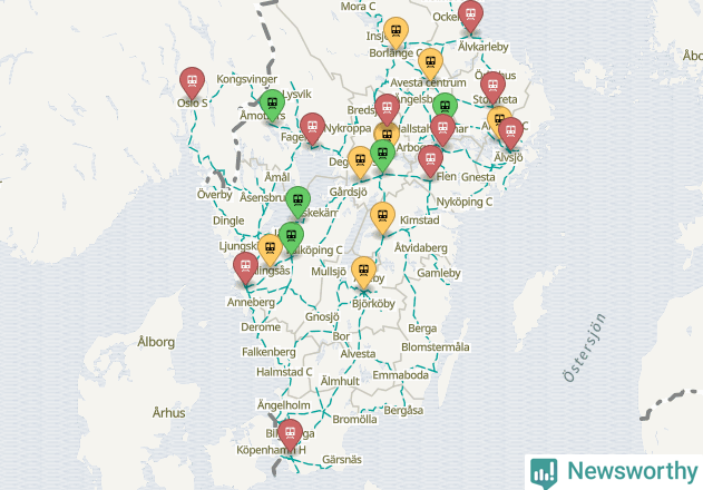 Karta över förseningar vid olika avgångsstationer.