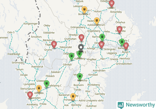 Karta över förseningar vid olika avgångsstationer.