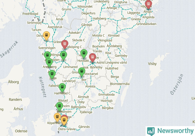 Karta över förseningar vid olika avgångsstationer.
