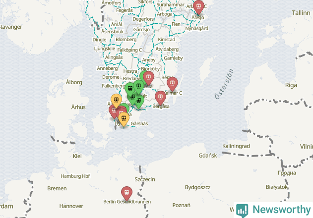 Karta över förseningar vid olika avgångsstationer.