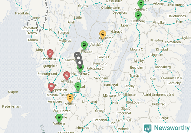 Karta över förseningar vid olika avgångsstationer.