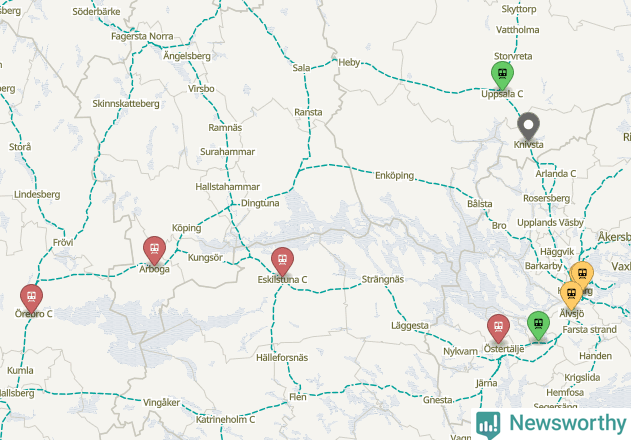 Karta över förseningar vid olika avgångsstationer.