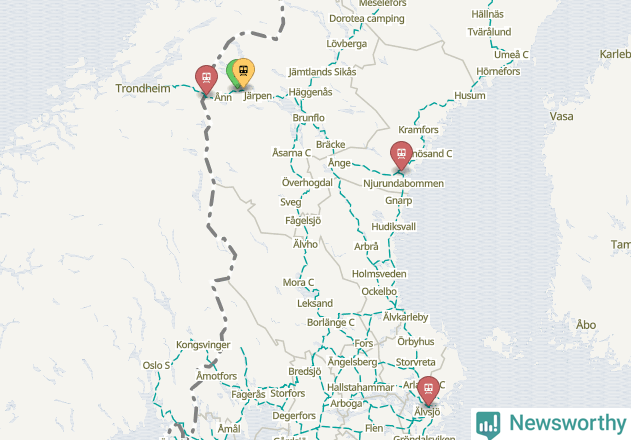 Karta över förseningar vid olika avgångsstationer.