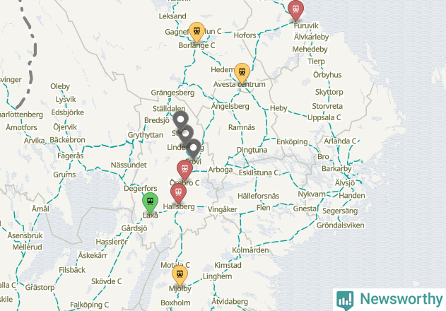 Karta över förseningar vid olika avgångsstationer.