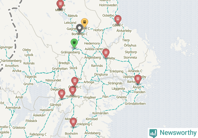 Karta över förseningar vid olika avgångsstationer.