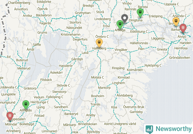 Karta över förseningar vid olika avgångsstationer.