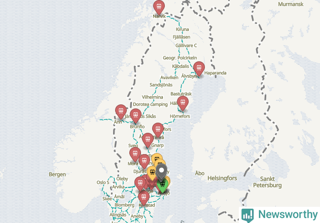 Karta över förseningar vid olika avgångsstationer.