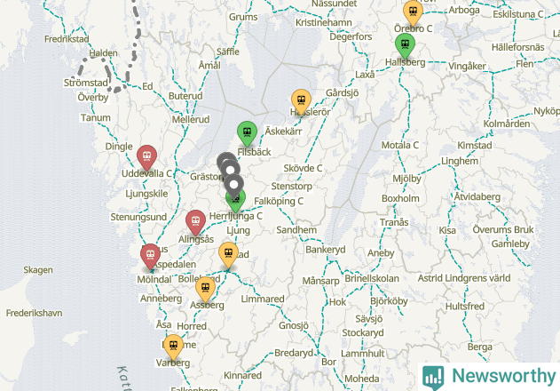 Karta över förseningar vid olika avgångsstationer.
