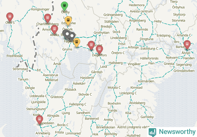 Karta över förseningar vid olika avgångsstationer.