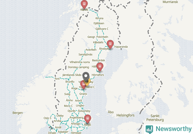 Karta över förseningar vid olika avgångsstationer.