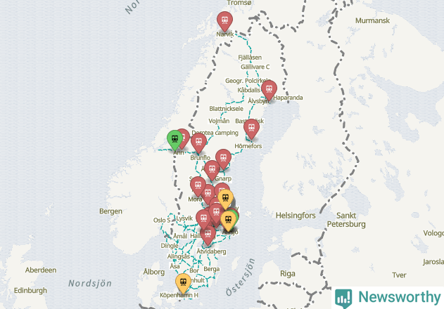 Karta över förseningar vid olika avgångsstationer. Här visas stationer med fler än fem avgångar under månaden.