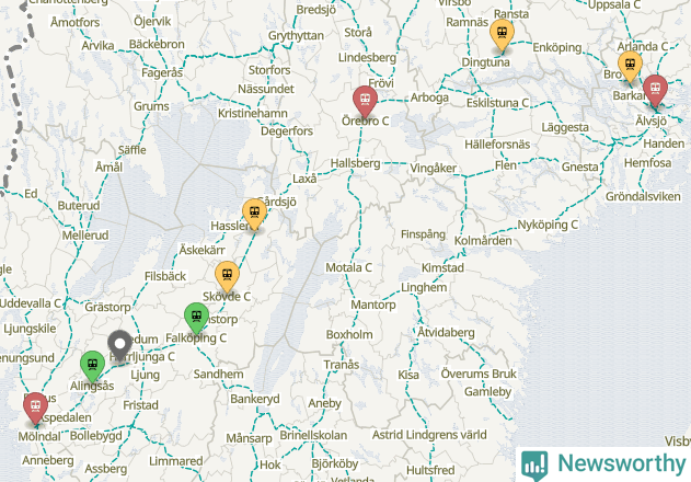 Karta över förseningar vid olika avgångsstationer.