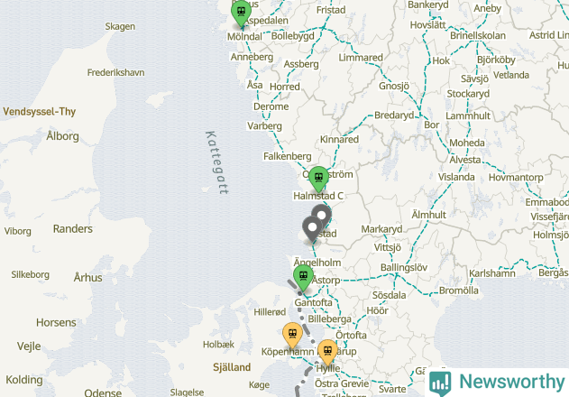 Karta över förseningar vid olika avgångsstationer.