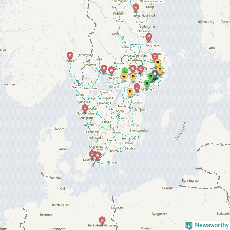Karta över förseningar vid olika avgångsstationer. Här visas stationer med fler än fem avgångar under månaden.