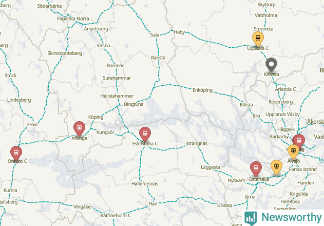 Karta över förseningar vid olika avgångsstationer.