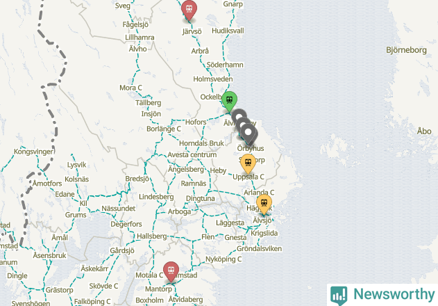 Karta över förseningar vid olika avgångsstationer.