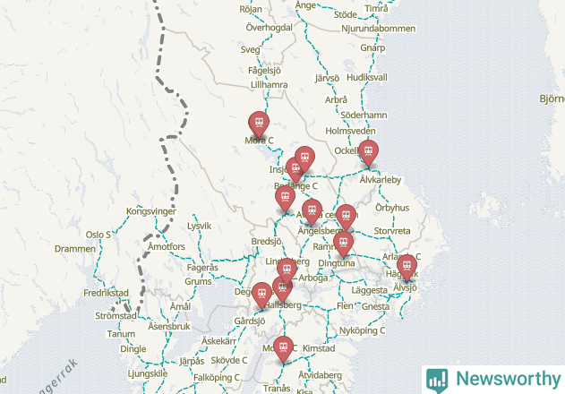 Karta över förseningar vid olika avgångsstationer.