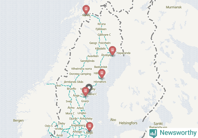 Karta över förseningar vid olika avgångsstationer. Här visas stationer med fler än fem avgångar under månaden.