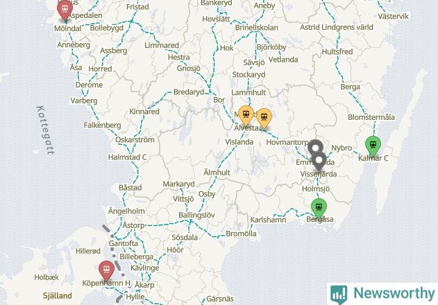 Karta över förseningar vid olika avgångsstationer.