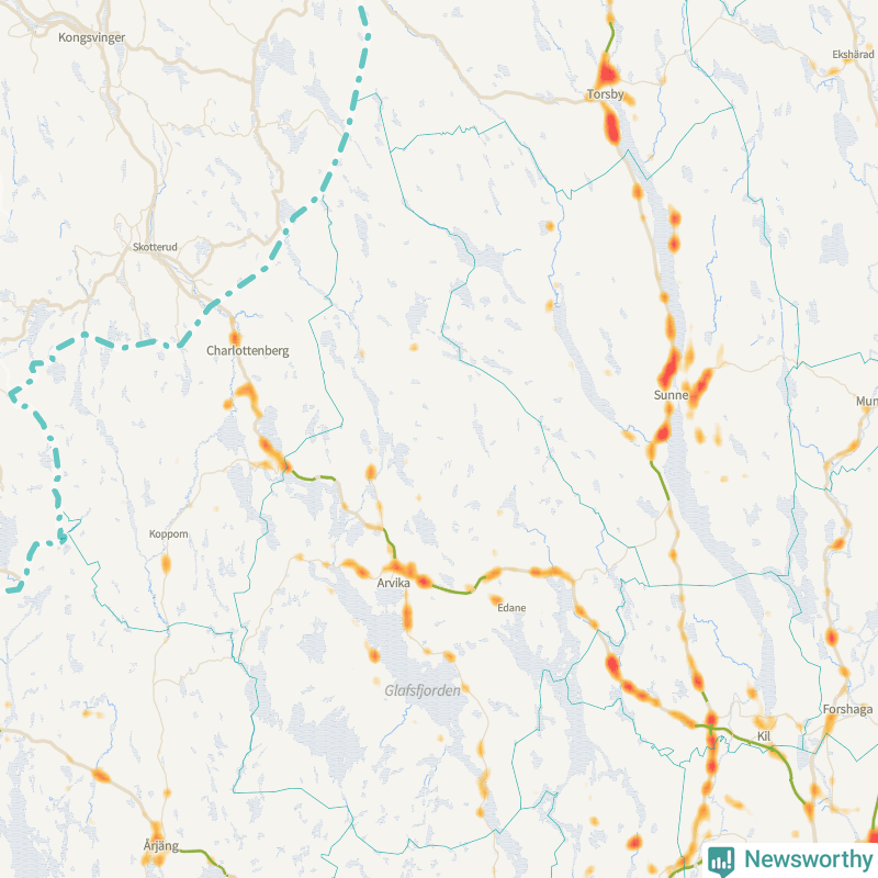 Karta som visar viltolyckornas fördelning som punkter eller röda fält