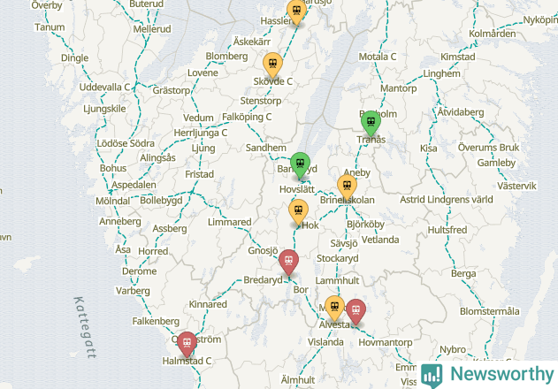 Karta över förseningar vid olika avgångsstationer.