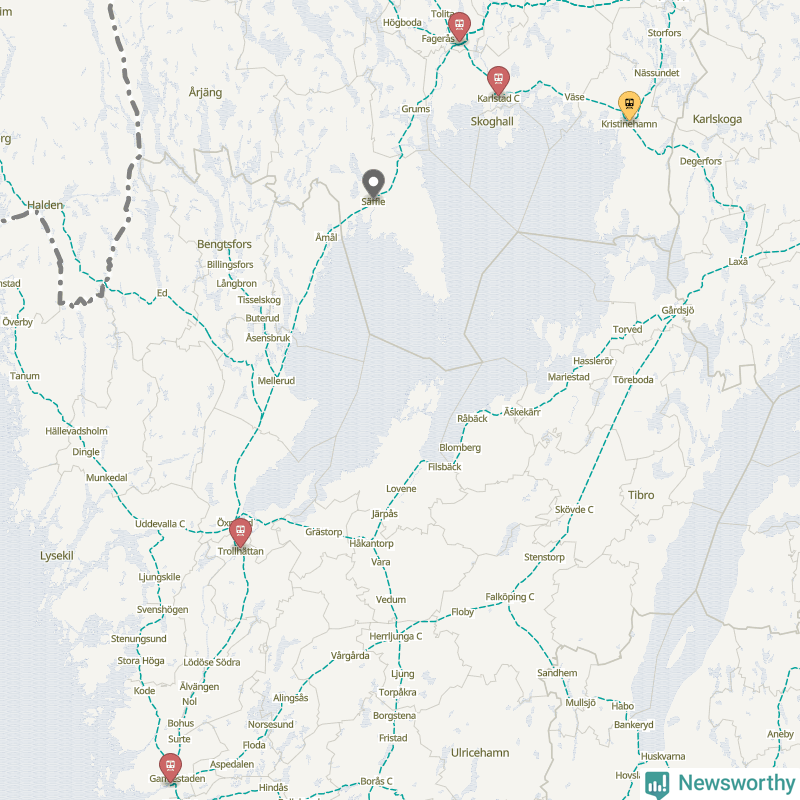 Karta över förseningar vid olika avgångsstationer. Här visas stationer med fler än fem avgångar under månaden.