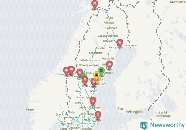 Karta över förseningar vid olika avgångsstationer.