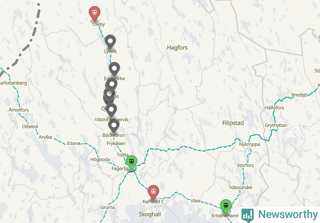 Karta över förseningar vid olika avgångsstationer. Här visas stationer med fler än fem avgångar under månaden.
