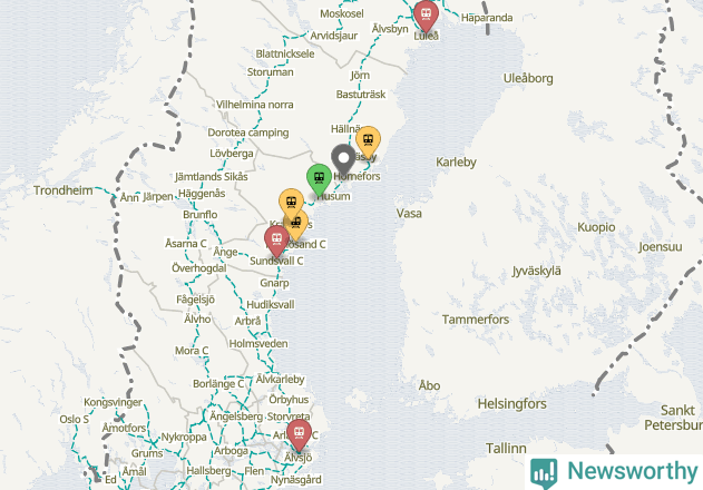 Karta över förseningar vid olika avgångsstationer.