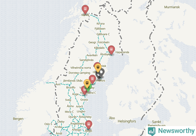 Karta över förseningar vid olika avgångsstationer. Här visas stationer med fler än fem avgångar under månaden.