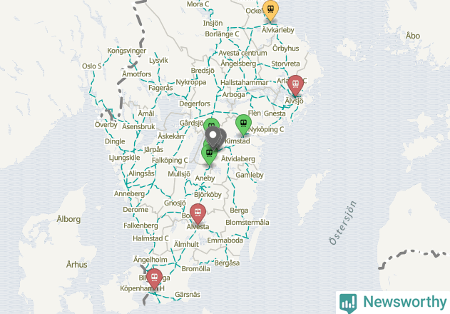 Karta över förseningar vid olika avgångsstationer.
