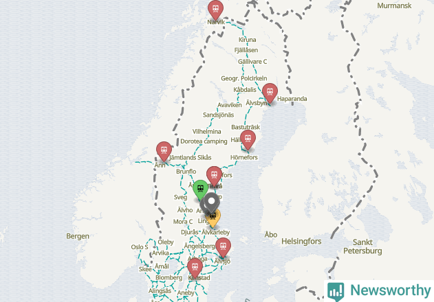 Karta över förseningar vid olika avgångsstationer.