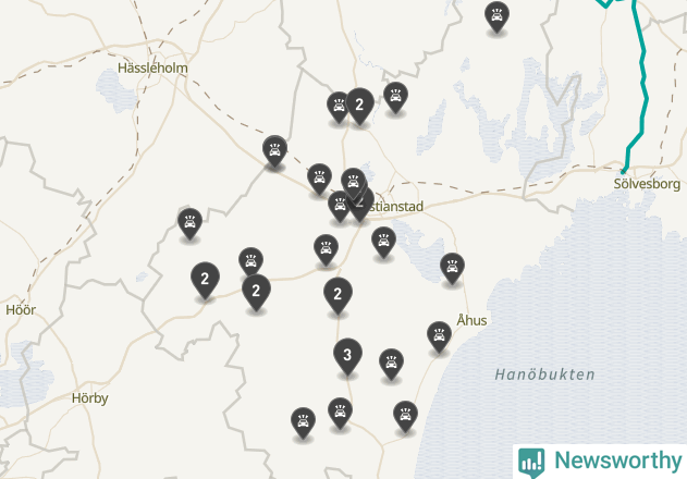 Karta över viltolyckor i Kristianstads kommun
