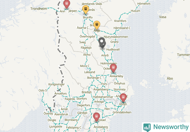 Karta över förseningar vid olika avgångsstationer.