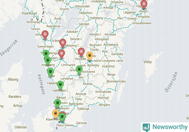 Karta över förseningar vid olika avgångsstationer.