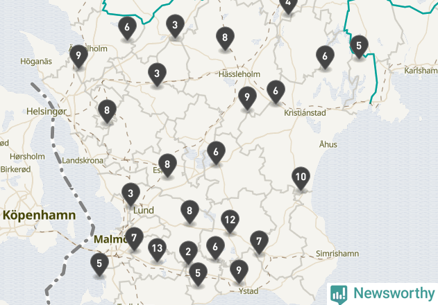 Karta över viltolyckor i Skåne län