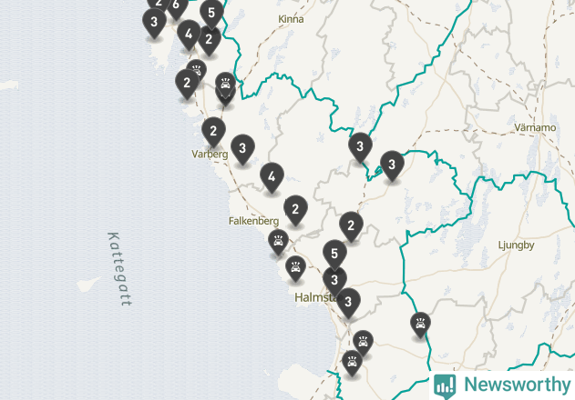 Karta över viltolyckor i Hallands län
